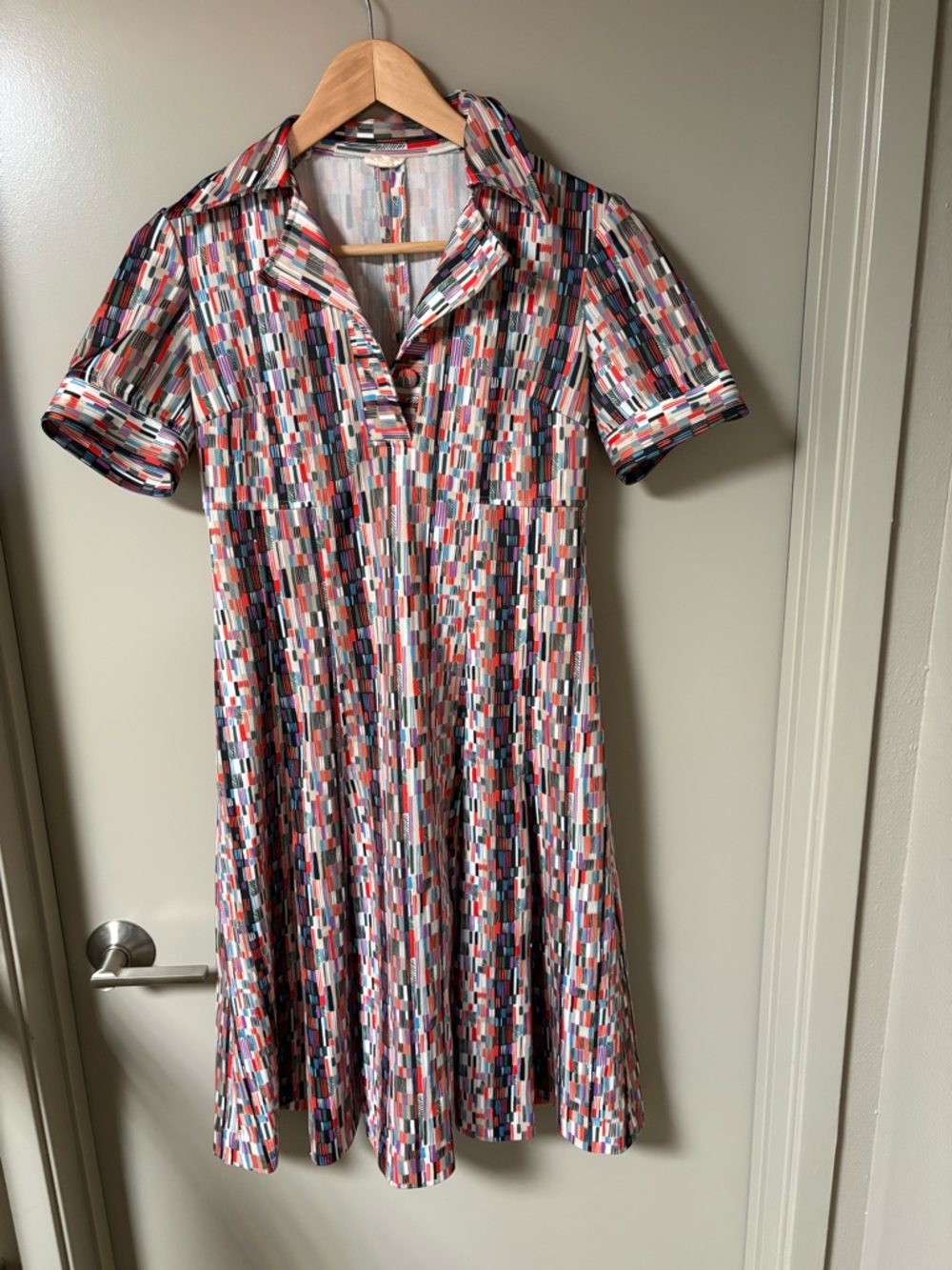 Multicolor Geometric Midi Dress with Notched Collar